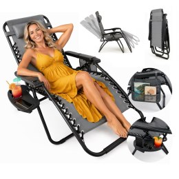 NUFORMA Leżak ogrodowy składany regulowany z zagłówkiem i stoliczkiem szary