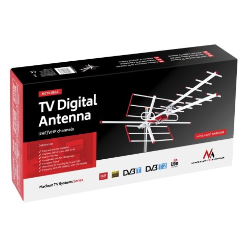 Antena TV DVB-T/T2 HEVC Maclean, aktywna, zewnętrzna combo, filtr Lte, UHF/VHF max 100dB?V, MCTV-855A Antena TV DVB-T/T2 HEVC Maclean, aktywna, zewnętrzna combo, filtr Lte, UHF/VHF max 100dB?V, MCTV-855A