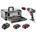 Zestaw Energy+ w walizce aluminiowej: wiertarko wkrętarka 18V 10mm, akumulator 2x2Ah, 109 akcesoriów