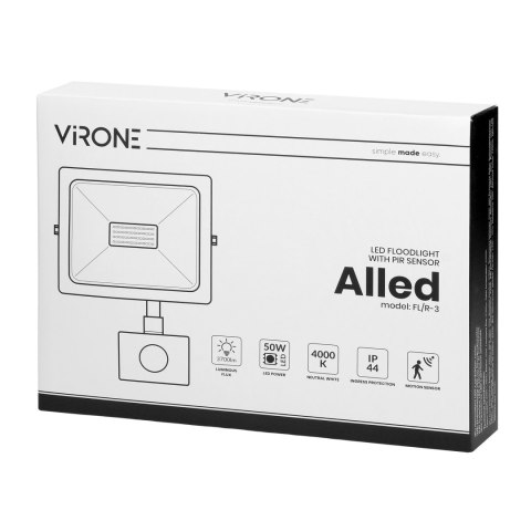 ALLED 50W Naświetlacz LED z PIR, 4000lm, IP44, 4000K, Alu+szkło ALLED 50W Naświetlacz LED z PIR, 4000lm, IP44, 4000K, Alu+szkło