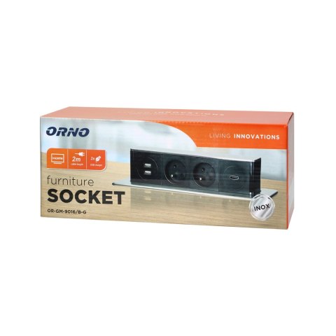 Gniazdo meblowe wysuwane z blatu z płaskim frezowanym rantem, ładowarką USB i przewodem 2m, 2x2P+Z, 2 x USB (Typ A), HDMI, 3x1, Gniazdo meblowe wysuwane z blatu z płaskim frezowanym rantem, ładowarką USB i przewodem 2m, 2x2P+Z, 2 x USB (Typ A), HDMI, 3x1,