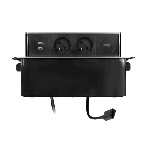 Gniazdo meblowe wysuwane z blatu z płaskim frezowanym rantem, ładowarką USB i przewodem 2m, 2x2P+Z, 2 x USB (Typ A), HDMI, 3x1, Gniazdo meblowe wysuwane z blatu z płaskim frezowanym rantem, ładowarką USB i przewodem 2m, 2x2P+Z, 2 x USB (Typ A), HDMI, 3x1,
