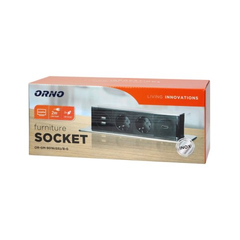 Gniazdo meblowe wysuwane z blatu z płaskim frezowanym rantem, ładowarką USB i przewodem 2m, 2x2P+Z (Schuko), 2 x USB (Typ A), H Gniazdo meblowe wysuwane z blatu z płaskim frezowanym rantem, ładowarką USB i przewodem 2m, 2x2P+Z (Schuko), 2 x USB (Typ A), H