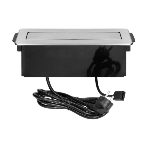 Gniazdo meblowe wysuwane z blatu z płaskim frezowanym rantem, ładowarką USB i przewodem 2m, 2x2P+Z (Schuko), 2 x USB (Typ A), H Gniazdo meblowe wysuwane z blatu z płaskim frezowanym rantem, ładowarką USB i przewodem 2m, 2x2P+Z (Schuko), 2 x USB (Typ A), H